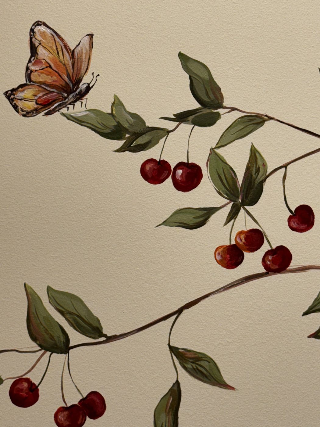 Cherries and a butterfly — painting by Bohdana Boikiv