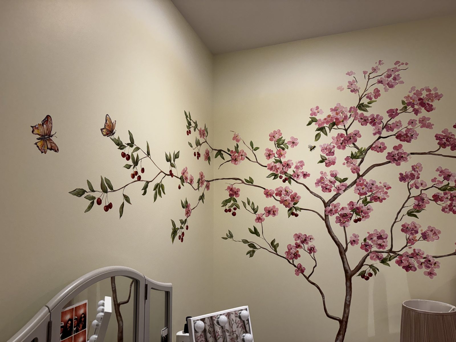 Cherry blossom tree mural with butterflies